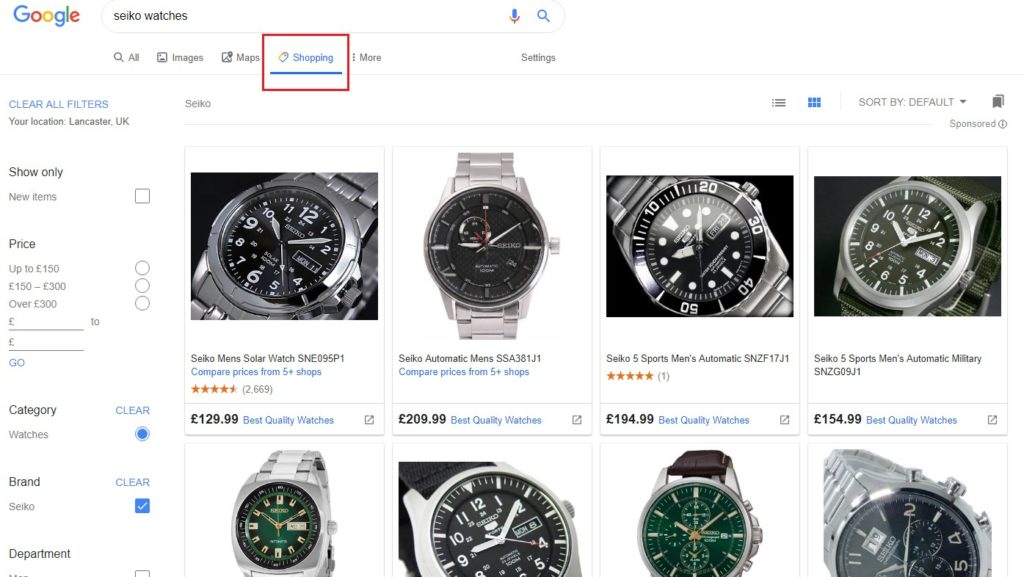 The Google Shopping tab allows online shoppers to browse to their hearts' content.